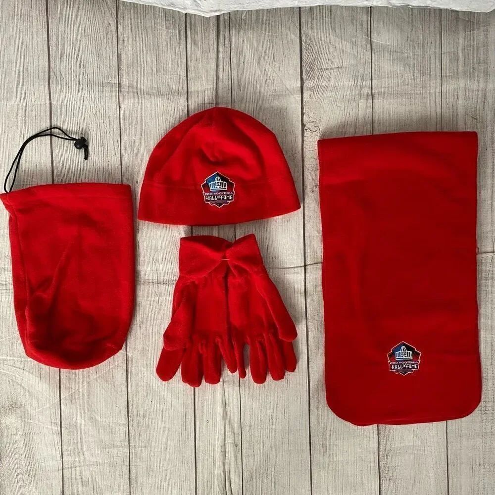 Pro football Hall of Fame winter hat & gloves set w/cinch sack red brand new